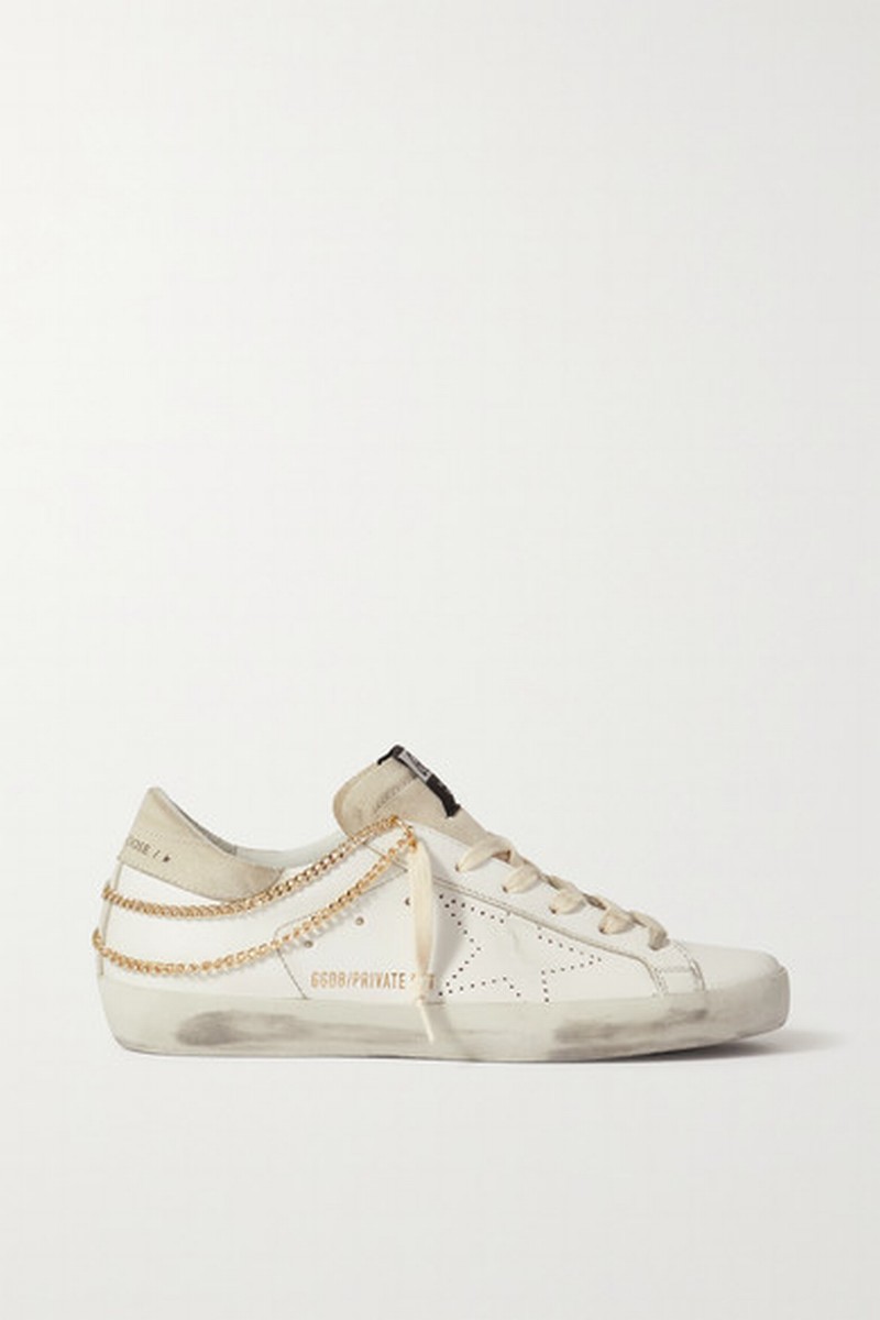 Superstar Chain-embellished Distressed Leather And Suede Sneakers In White