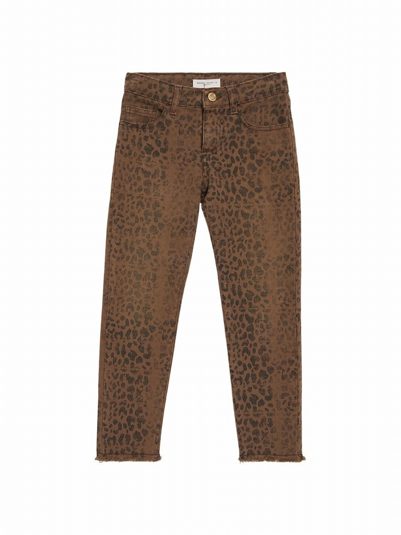 Kids' Leopard Print Stretch Cotton Denim Jeans In Black,brown